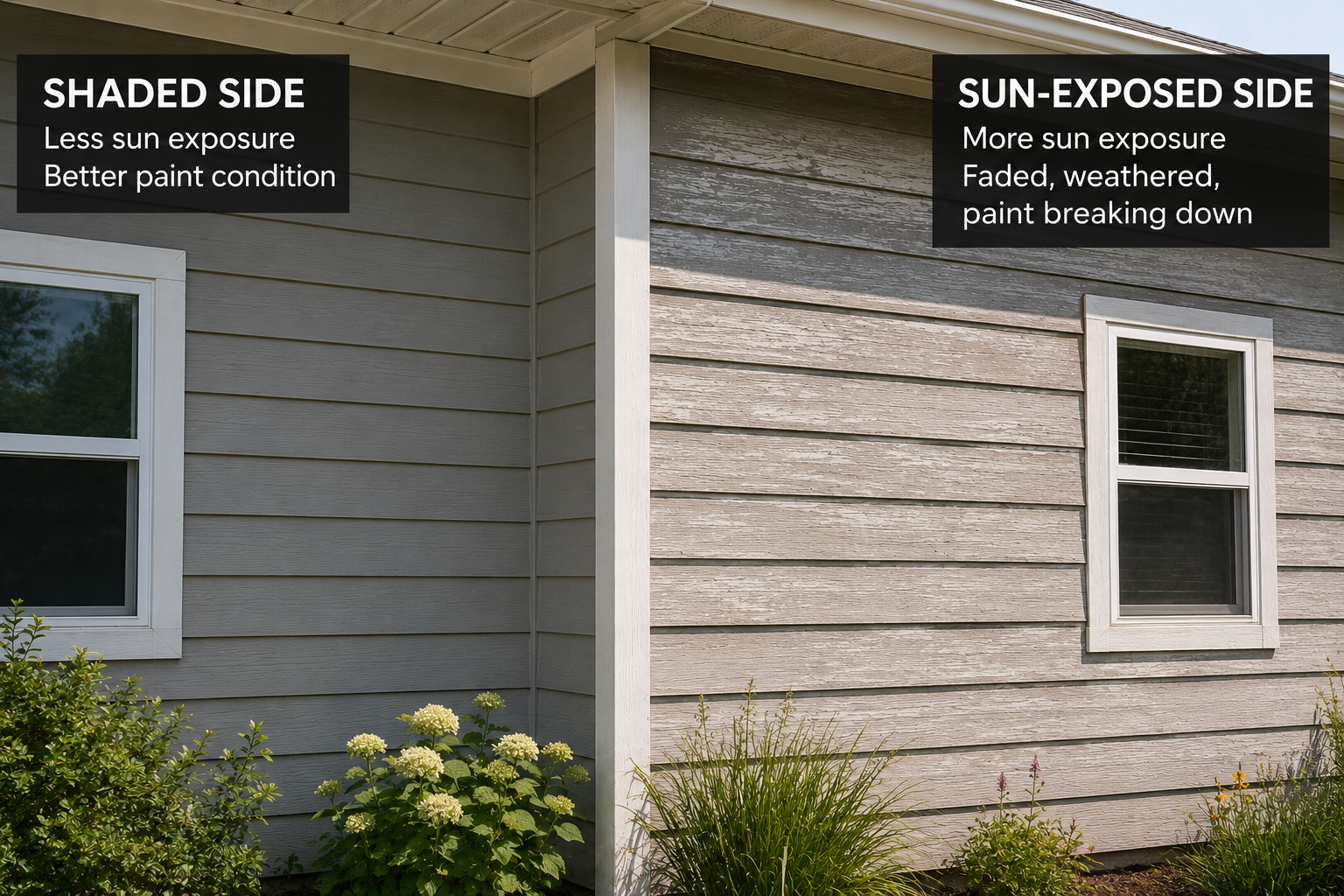 sun exposed vs shaded paint on a house