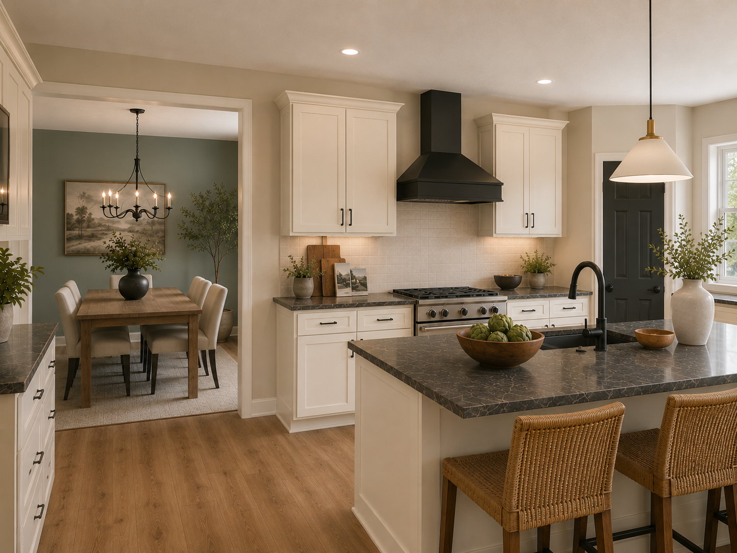 updated kitchen with Alabaster painted cabinets, natural linen walls, and evergreen fog accent wall