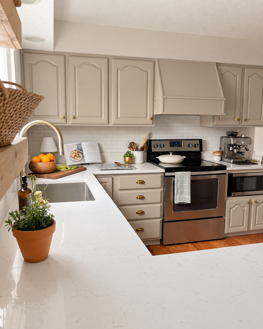 accessible beige painted kitchen cabinets of a 90's home