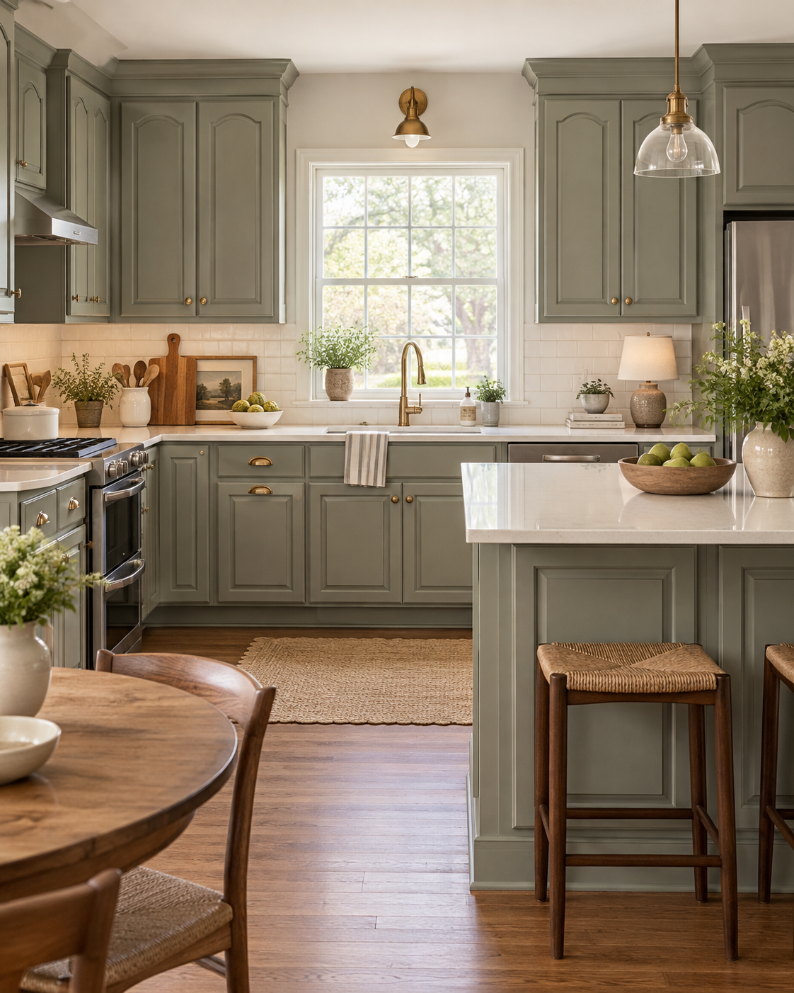 Evergreen Fog by Sherwin Williams on kitchen cabinets
