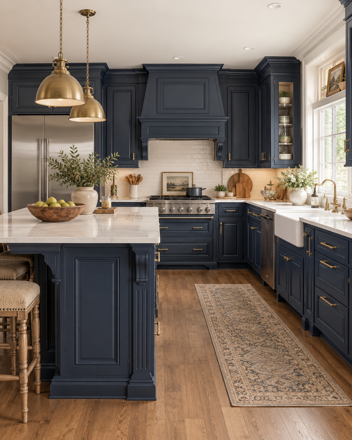 Navy blue kitchen cabinets.