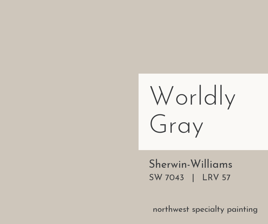 Sherwin-Williams Worldly Gray SW 7043 warm neutral paint color swatch