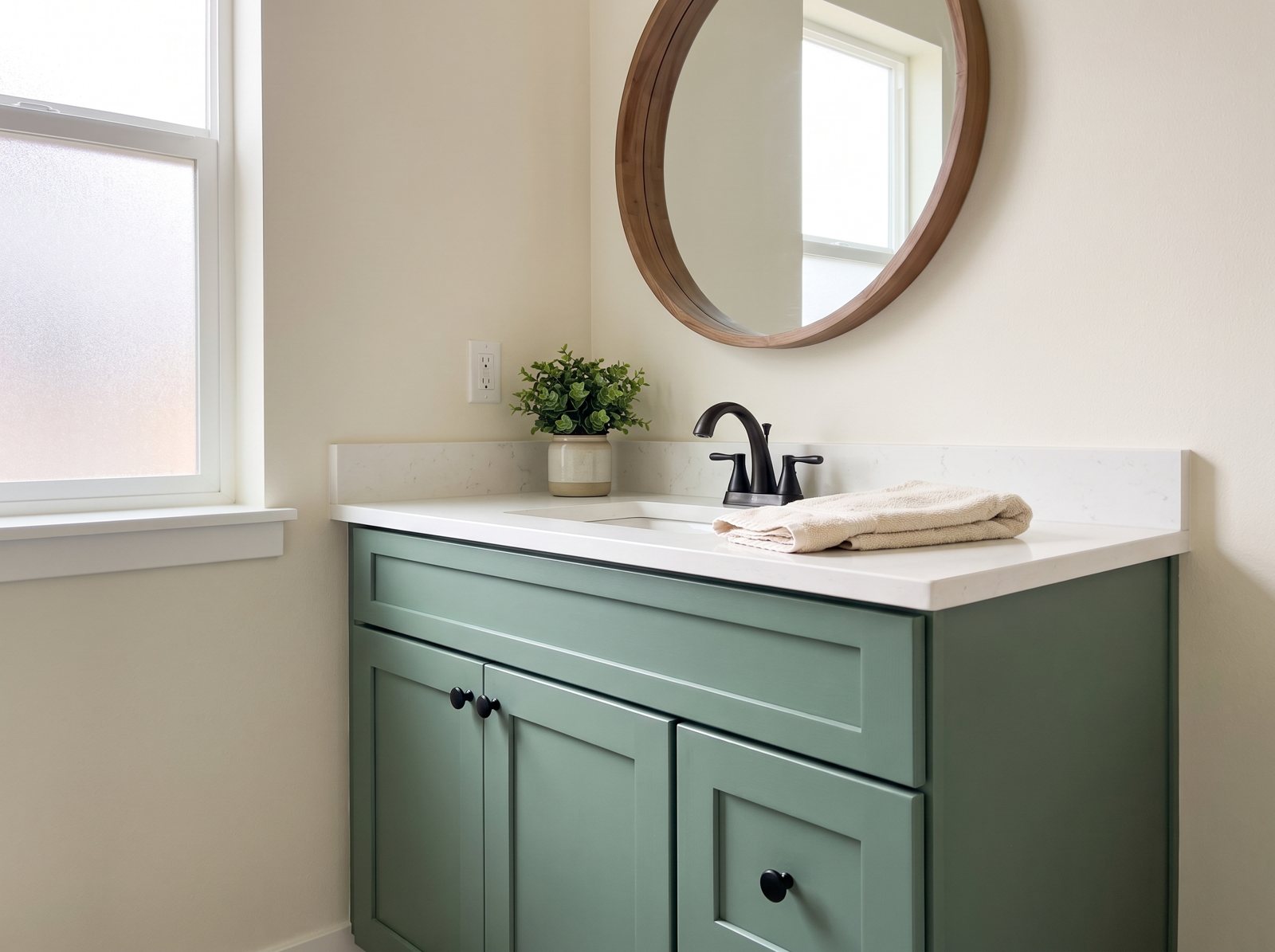 Bathroom vanity cabinet painted Webster Green with black knobs and a round wood mirror Bathroom vanity cabinet painted Webster Green with black knobs and a round wood mirror