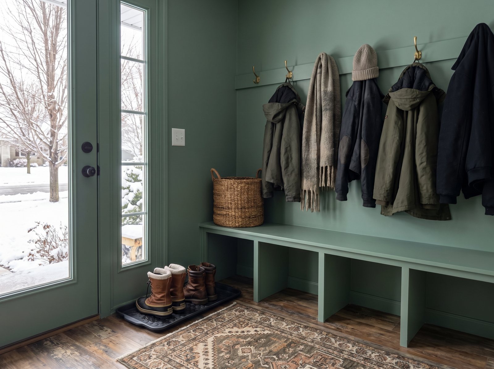 Entry and mudroom with walls, bench and cubbies painted Webster Green, winter coats and snow boots Entry and mudroom with walls, bench and cubbies painted Webster Green, winter coats and snow boots