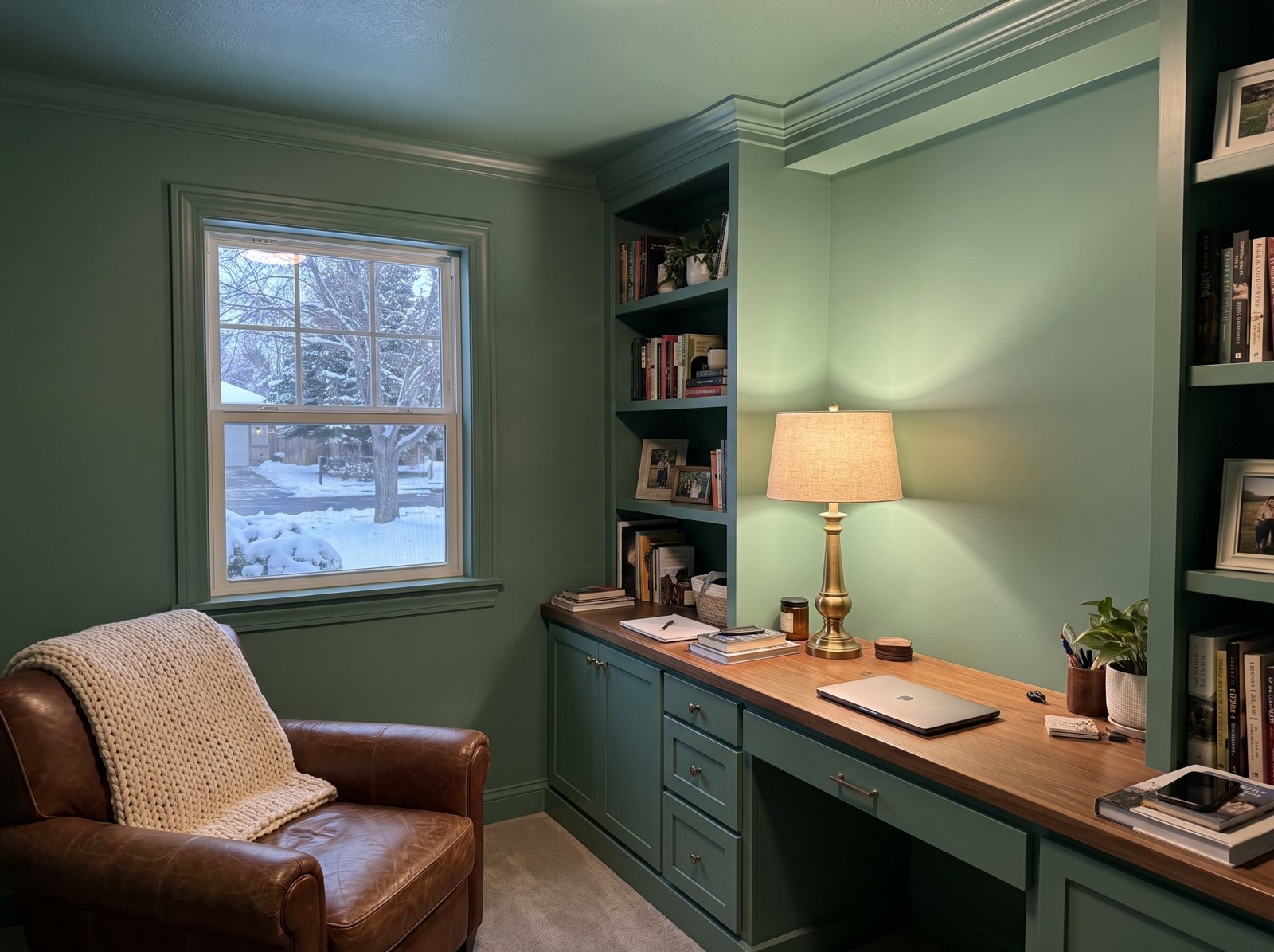 Small den and home office with walls, trim, desk and ceiling all painted Webster Green Small den and home office with walls, trim, desk and ceiling all painted Webster Green