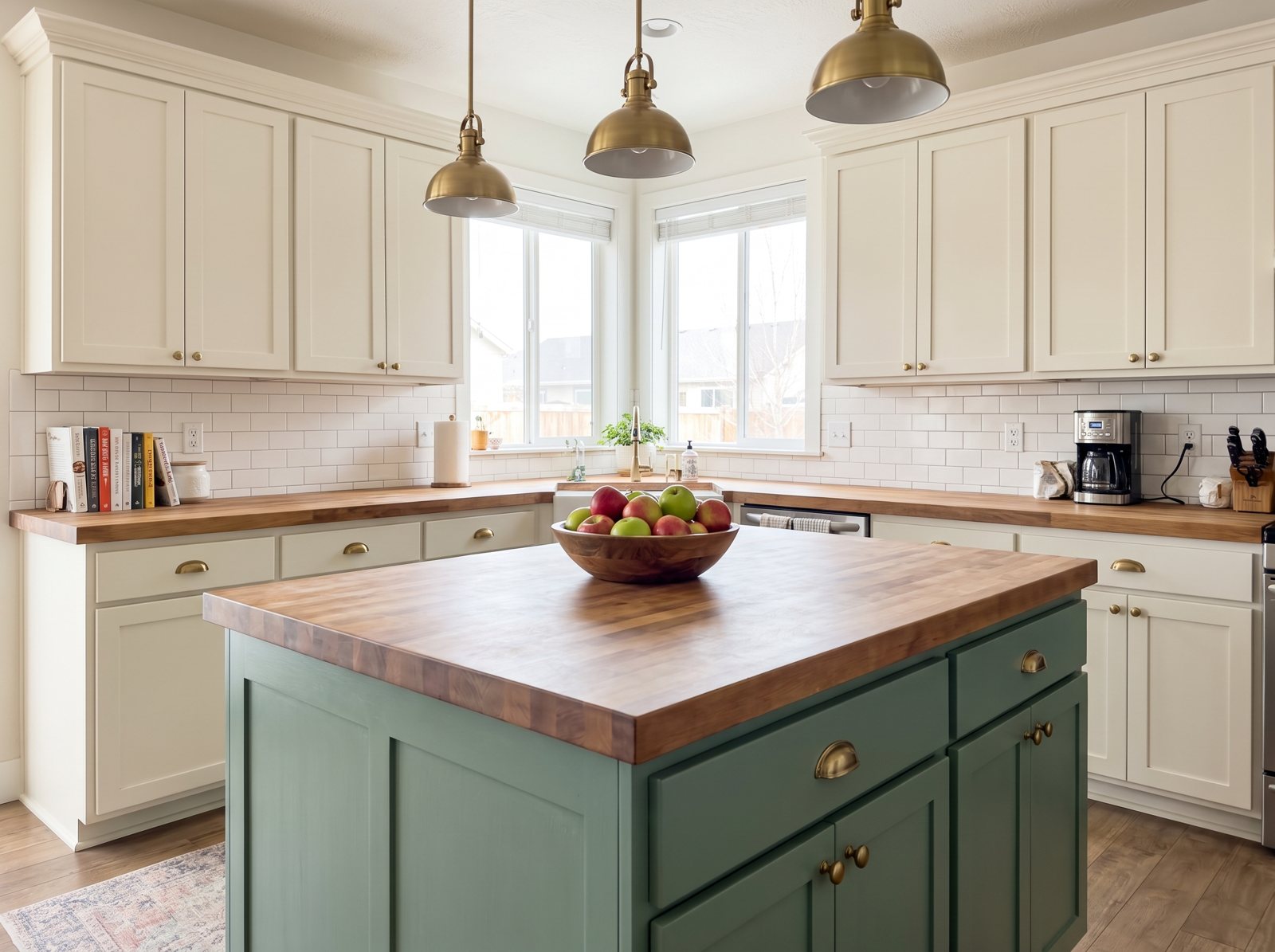 Kitchen with a Webster Green island, brass pulls, butcher block top and cream cabinets Kitchen with a Webster Green island, brass pulls, butcher block top and cream cabinets