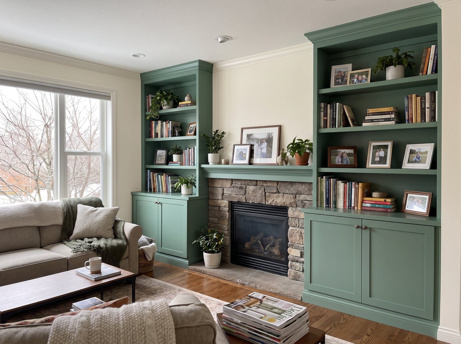 Living room with built-in bookshelves painted Webster Green on both sides of a fireplace Living room with built-in bookshelves painted Webster Green on both sides of a fireplace