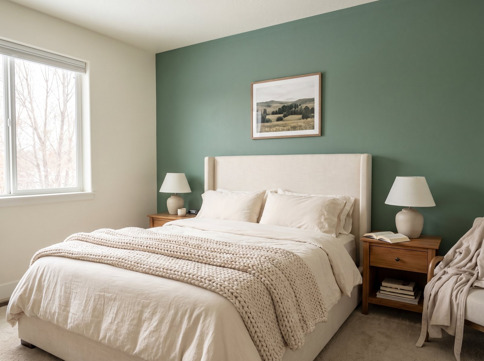Bedroom with one Webster Green accent wall behind a cream upholstered bed Bedroom with one Webster Green accent wall behind a cream upholstered bed