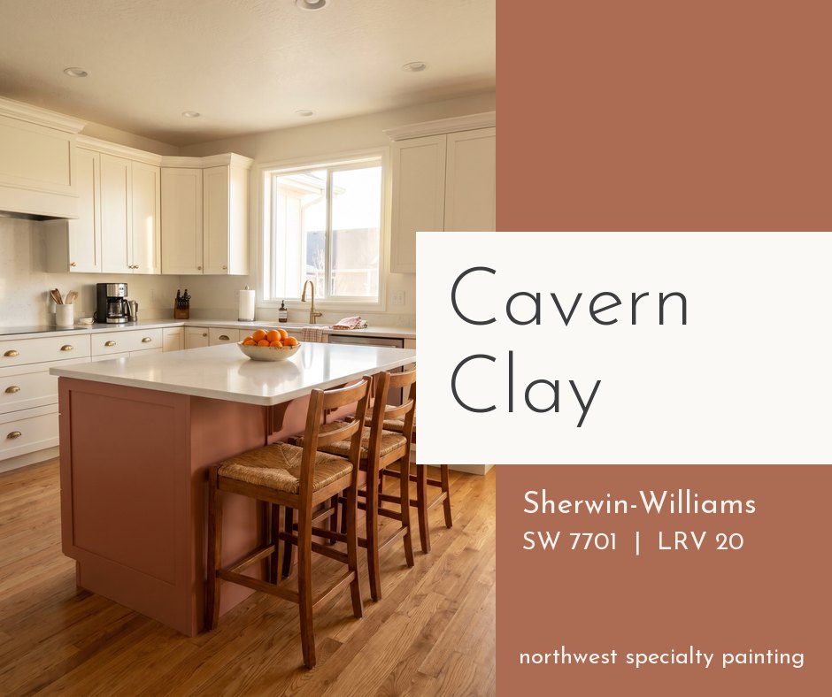 Kitchen island painted Sherwin-Williams Cavern Clay SW 7701 terracotta in a cream kitchen Kitchen island painted Sherwin-Williams Cavern Clay SW 7701 terracotta in a cream kitchen