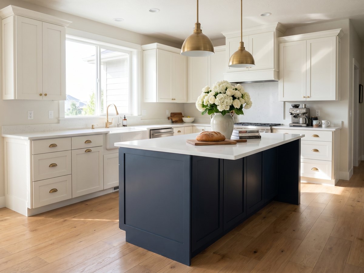 Two-tone kitchen with a Hale Navy island and White Dove cabinets Two-tone kitchen with a Hale Navy island and White Dove cabinets