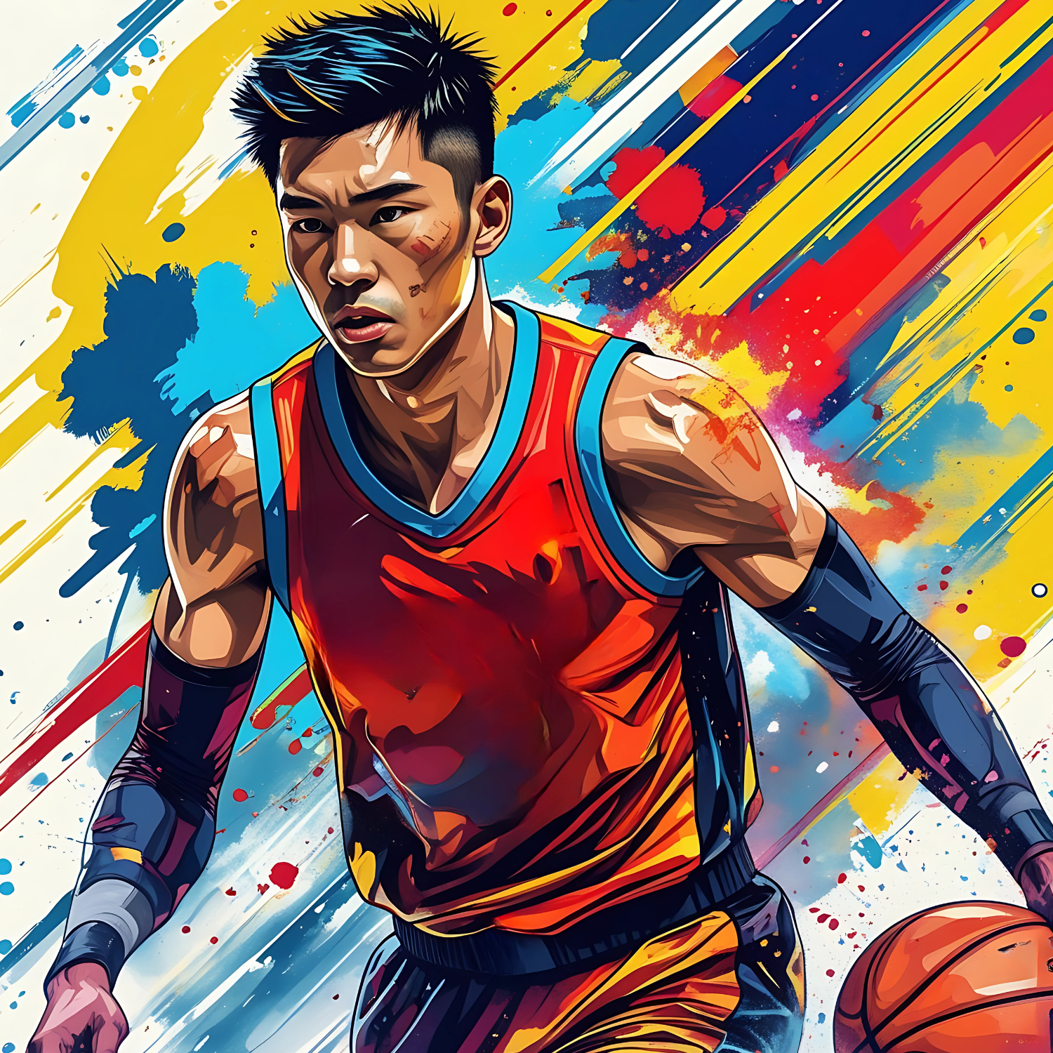 Illustrated basketball player driving to the basket with vibrant color splash background