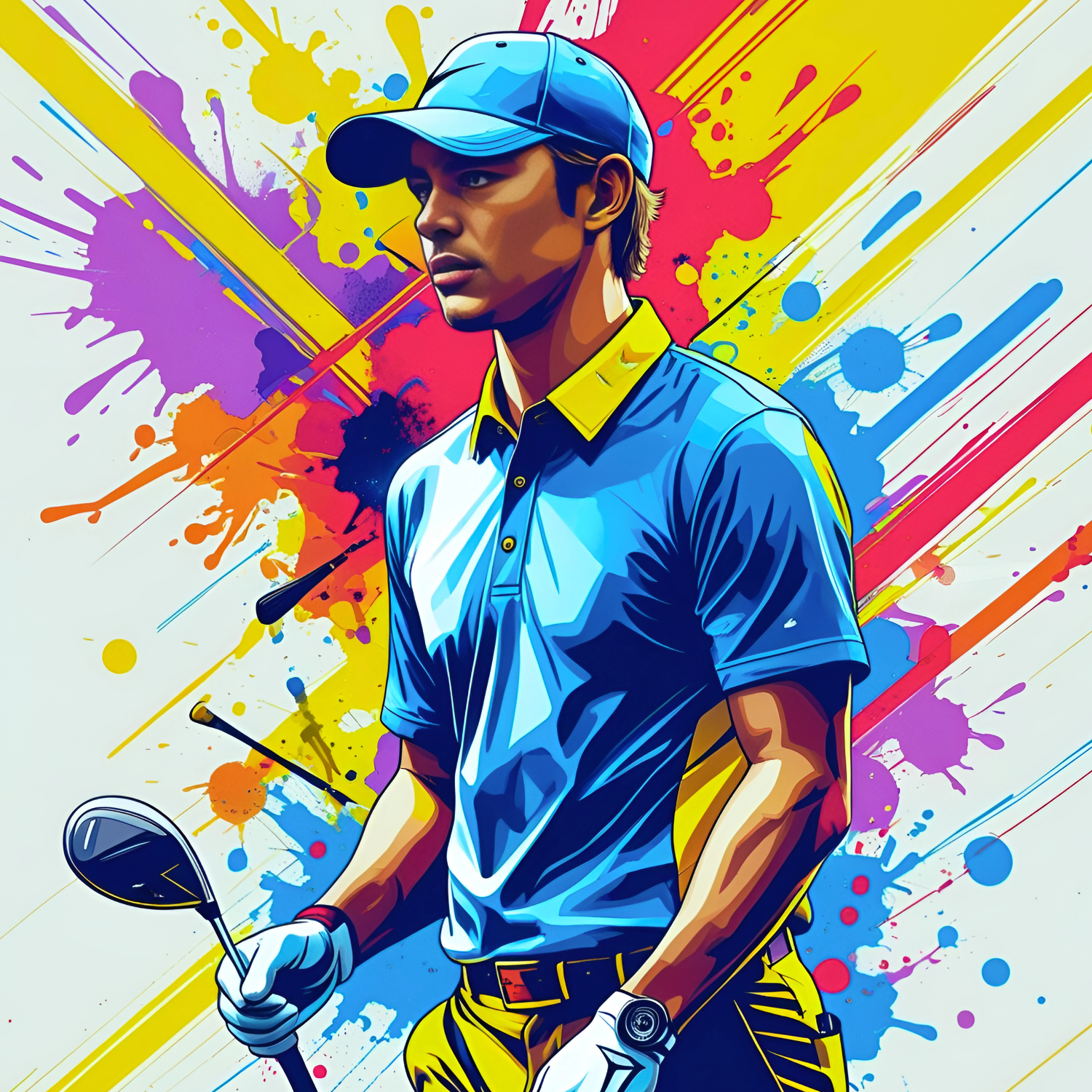 Illustrated golfer walking with vibrant splash background