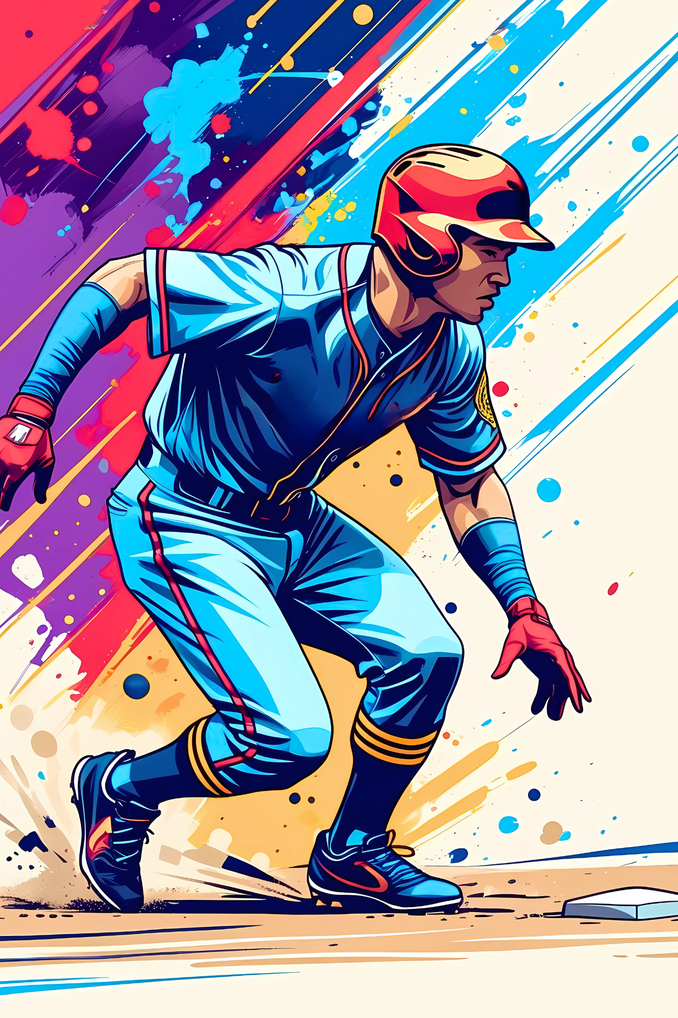 Illustrated baseball player in motion, painted with dynamic color splashes