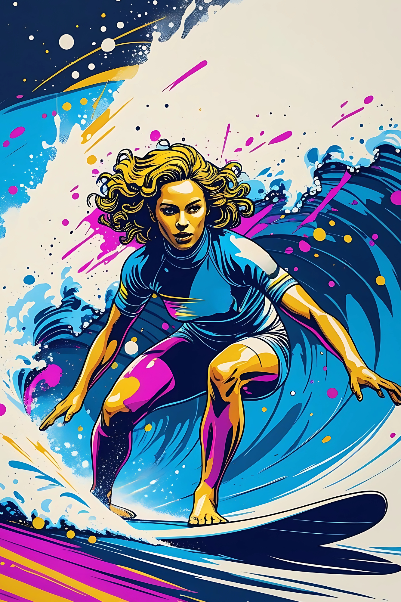 Illustrated football quarterback in a dynamic passing pose, painted with vibrant color splashes
