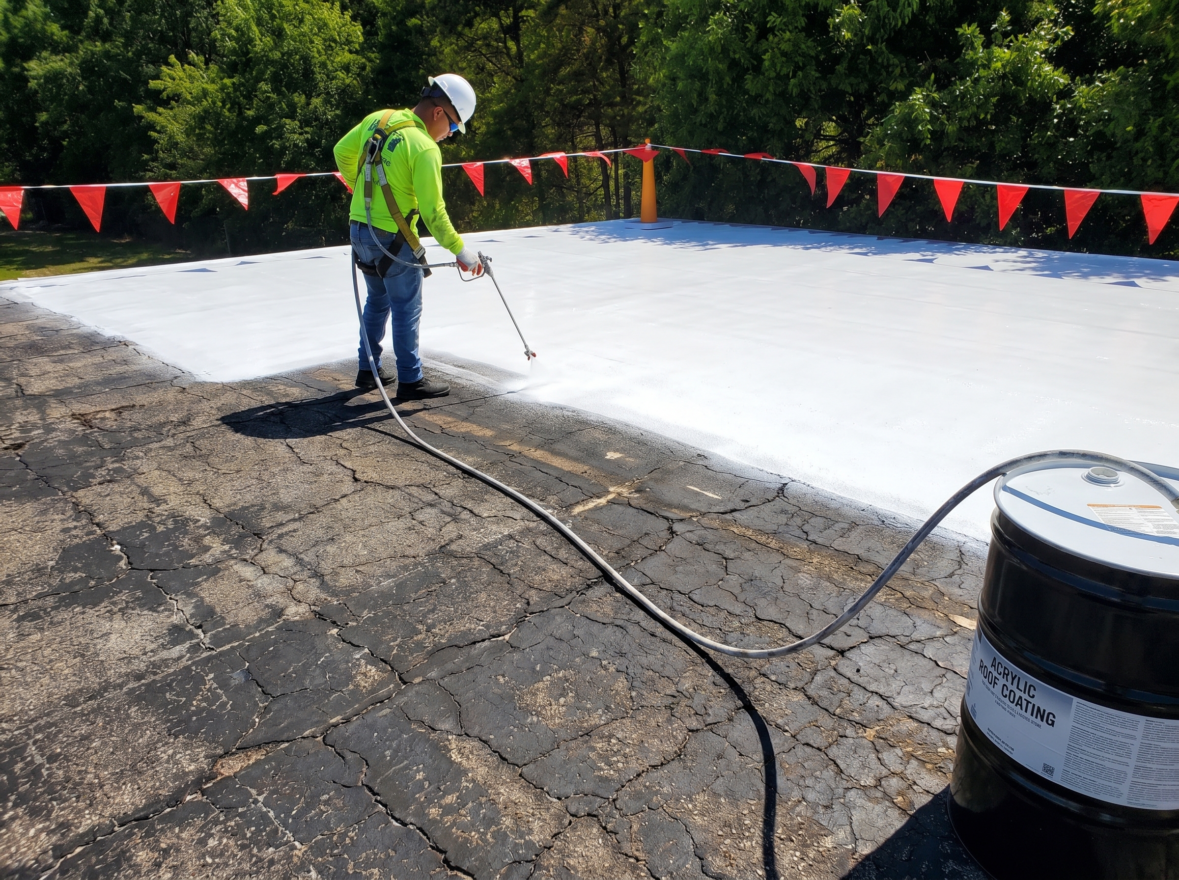 Acrylic roof coating applied over asphaltic roofing