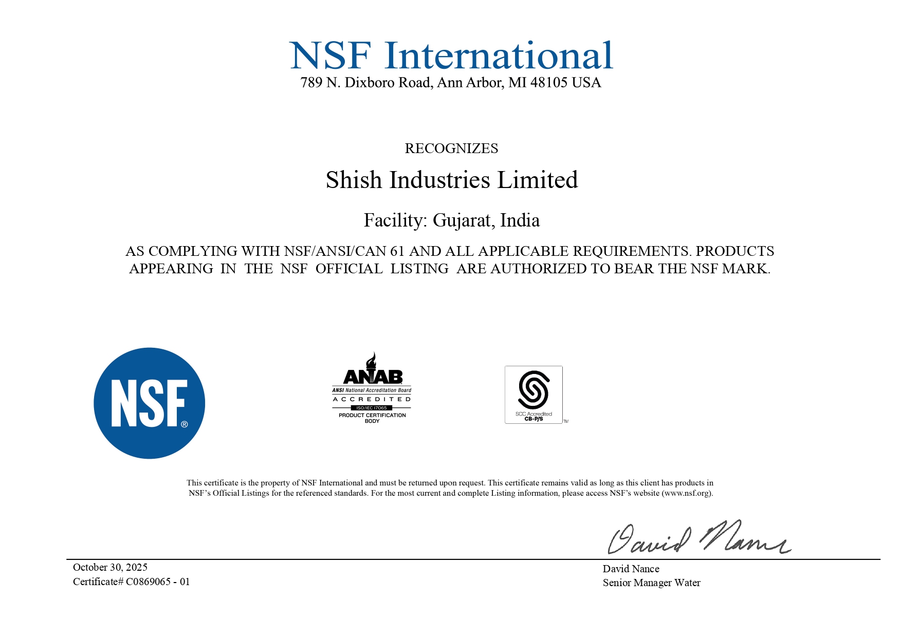 NSF 61 Certified - Safe for Drinking Water Systems