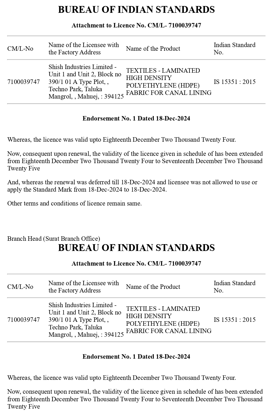 Bureau of Indian Standards IS 15351:2015 for Geo Liner