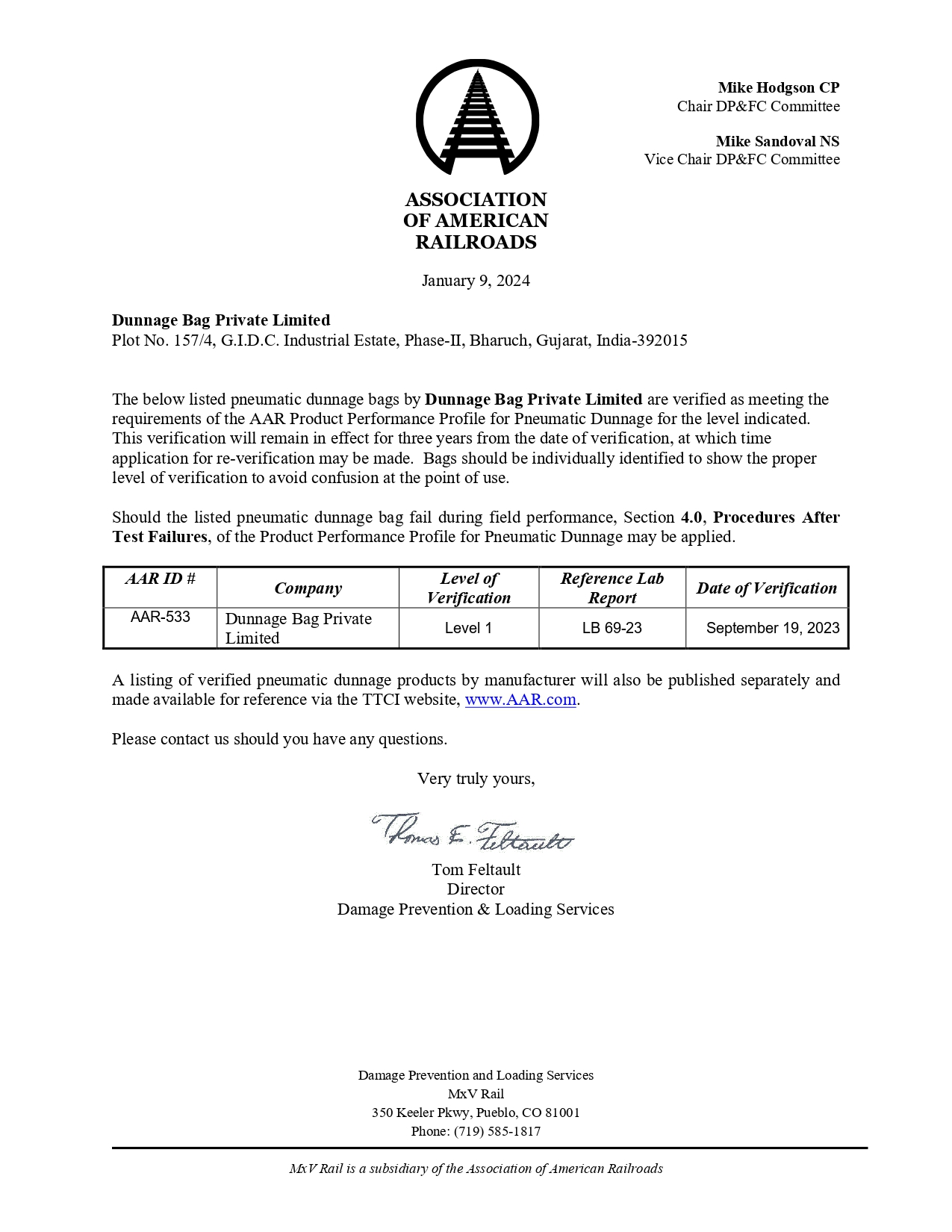 AAR Certificate for Dunnage Bag