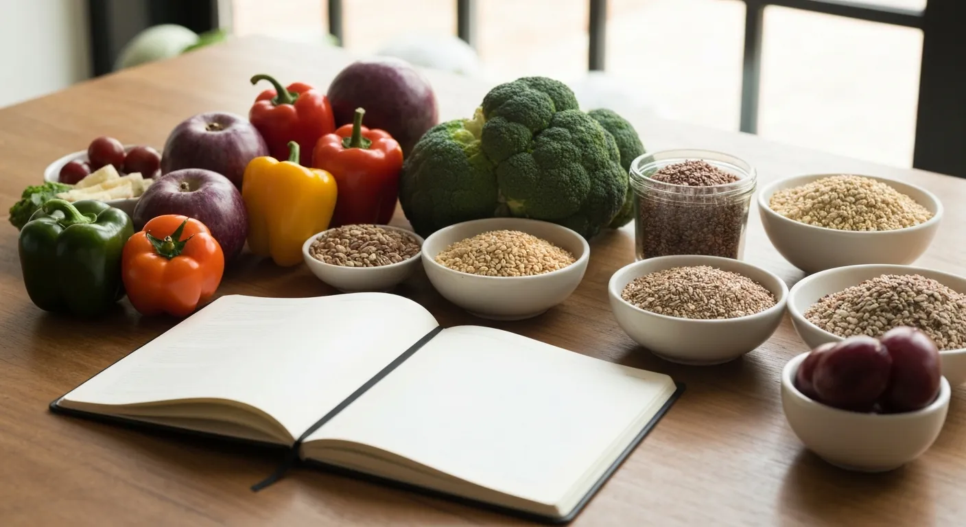 Open journal on a table beside fresh vegetables and bowls of grains