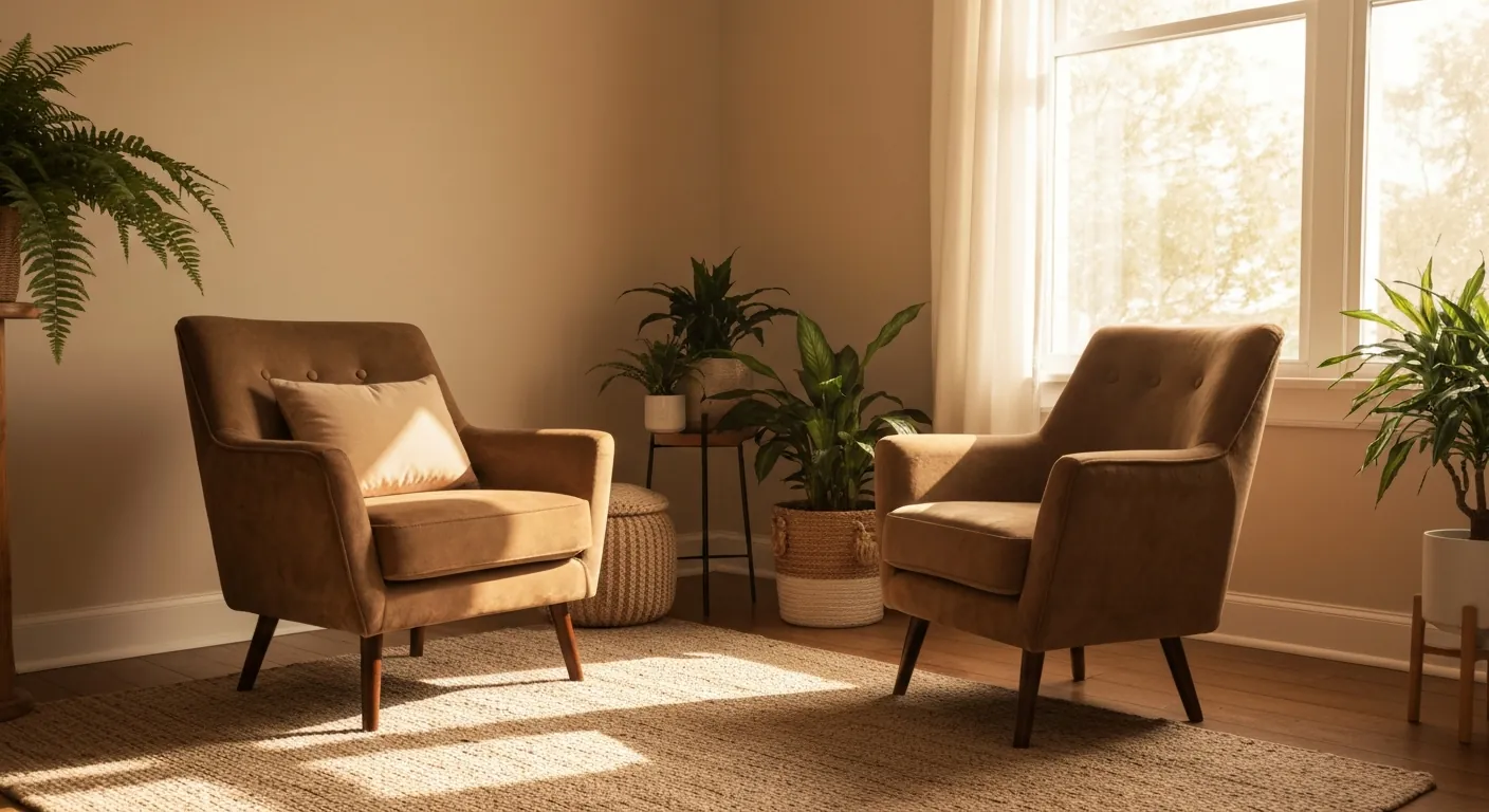 Two armchairs facing each other in a quiet, sunlit counselling room