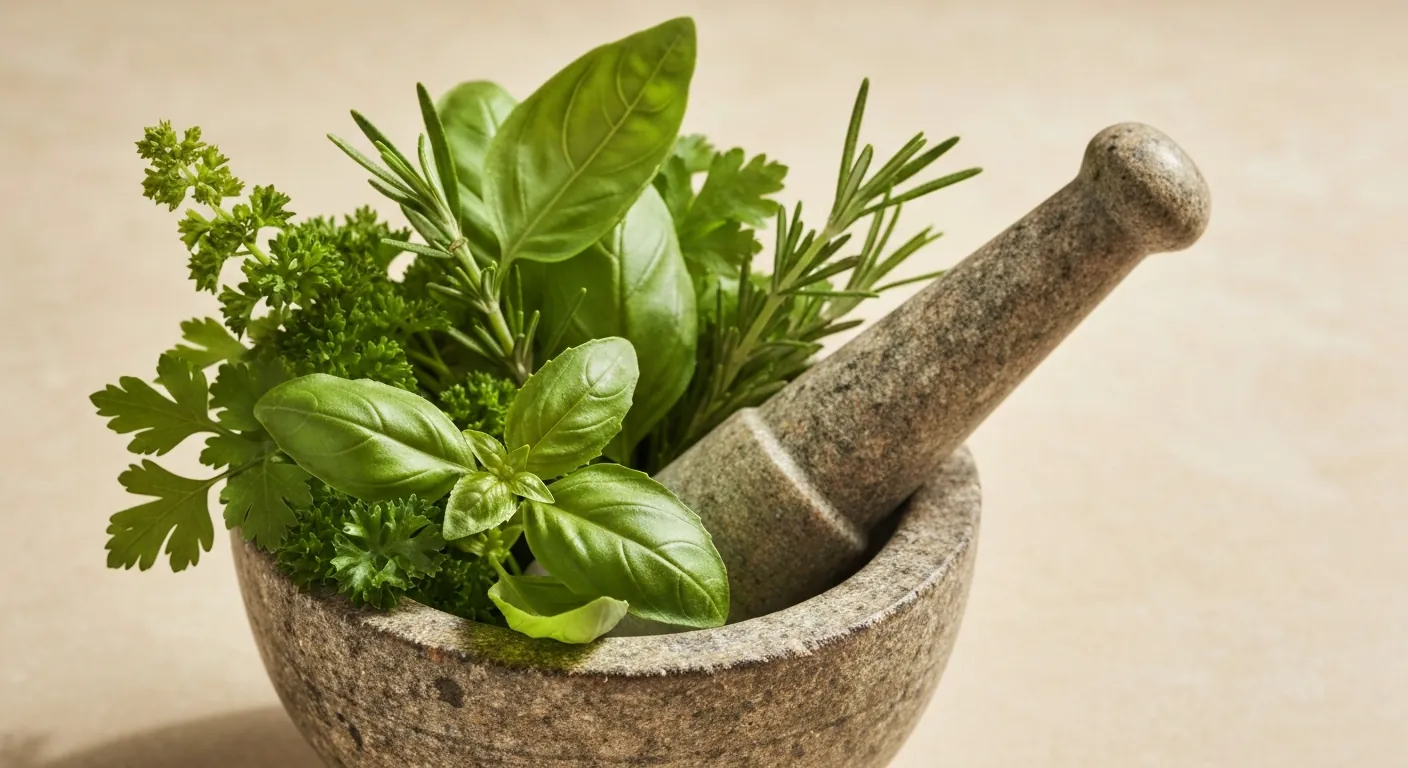 Fresh basil, parsley and rosemary in a stone mortar and pestle