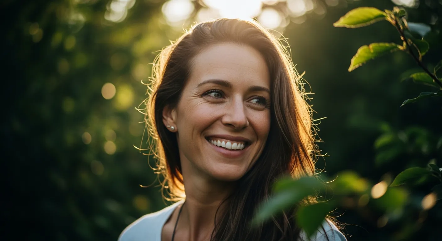 Woman smiling outdoors in soft evening sunlight among green leaves