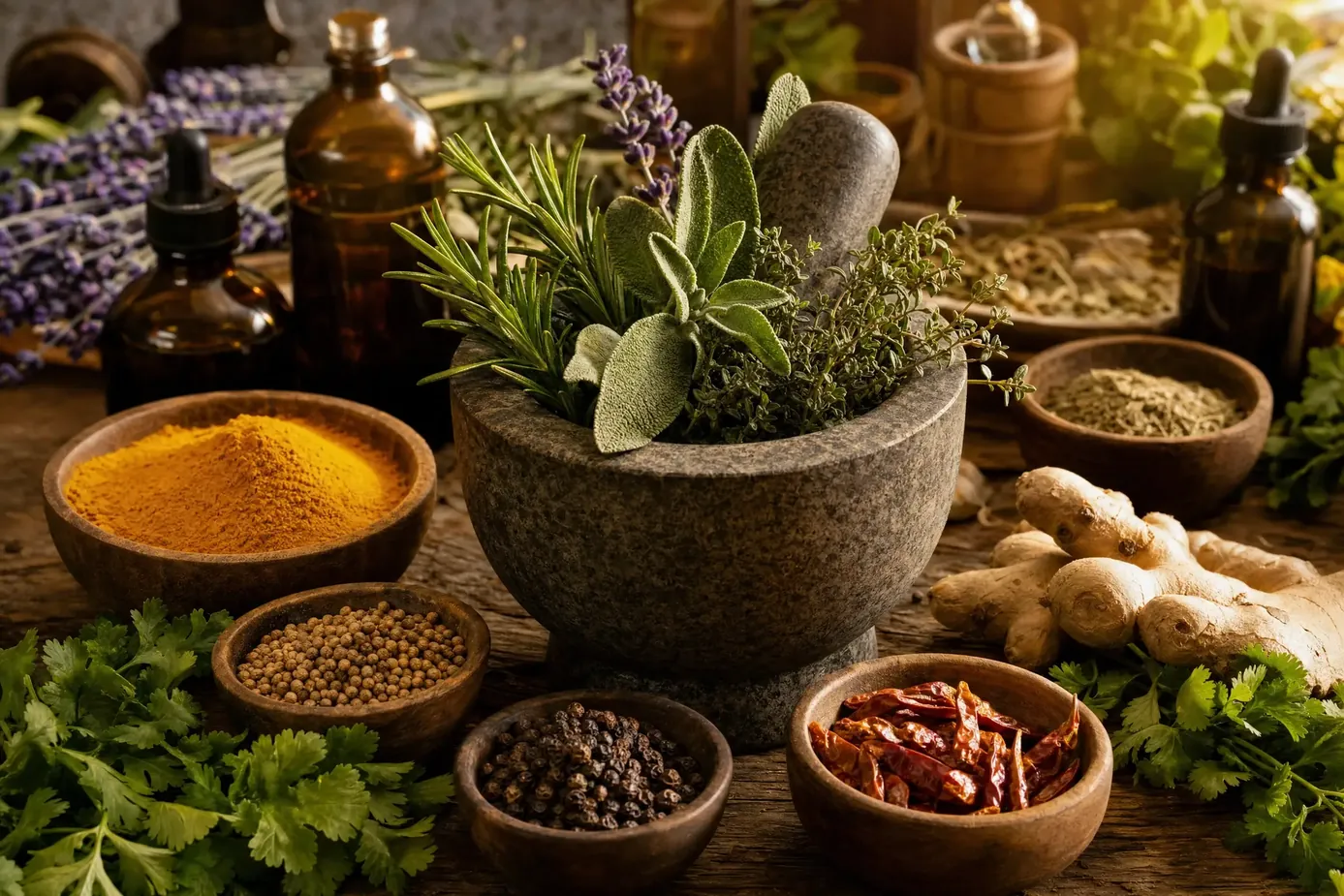 Mortar of fresh herbs surrounded by turmeric, ginger, peppercorns and tincture bottles