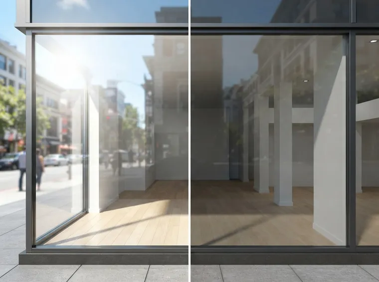 Side by side illustration of a commercial storefront window: the left half shows clear glass with intense glare, the right half shows the same glass with ceramic film applied and calmer interior lighting.