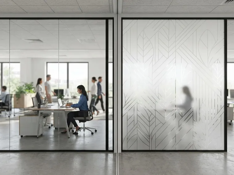 Side by side illustration of a glass partition: the left half shows clear transparent glass, the right half shows the same glass with frosted decorative film providing privacy while letting light through.