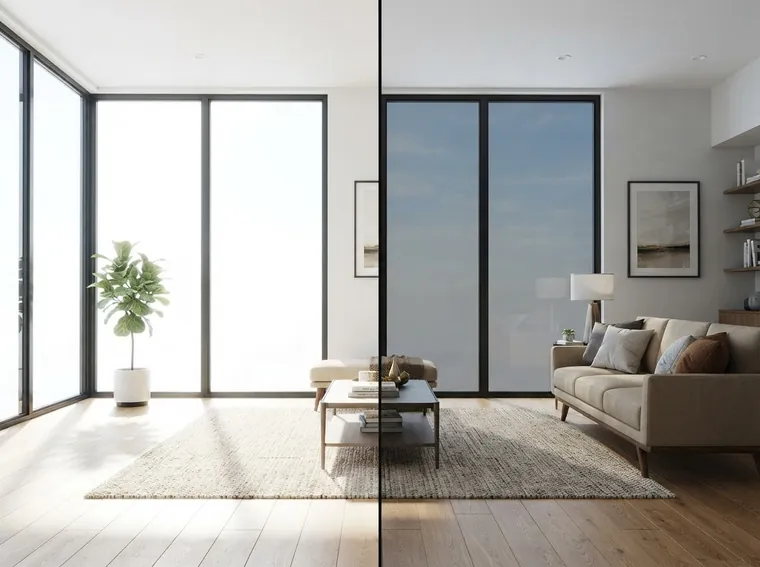 Side by side illustration of a living room window: the left half shows untreated glass with harsh sunlight and glare on the furniture, the right half shows the same window with tinted film applied and softer cooler light.