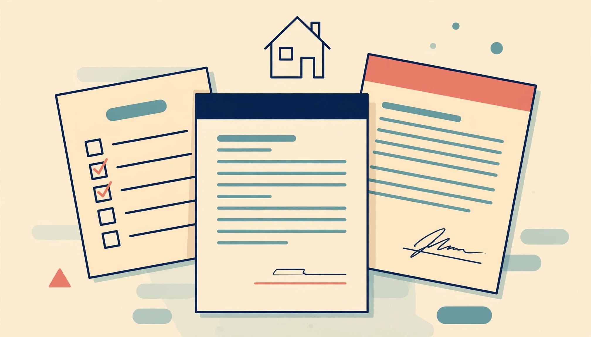 An illustrated set of contract documents with a house outline above them.