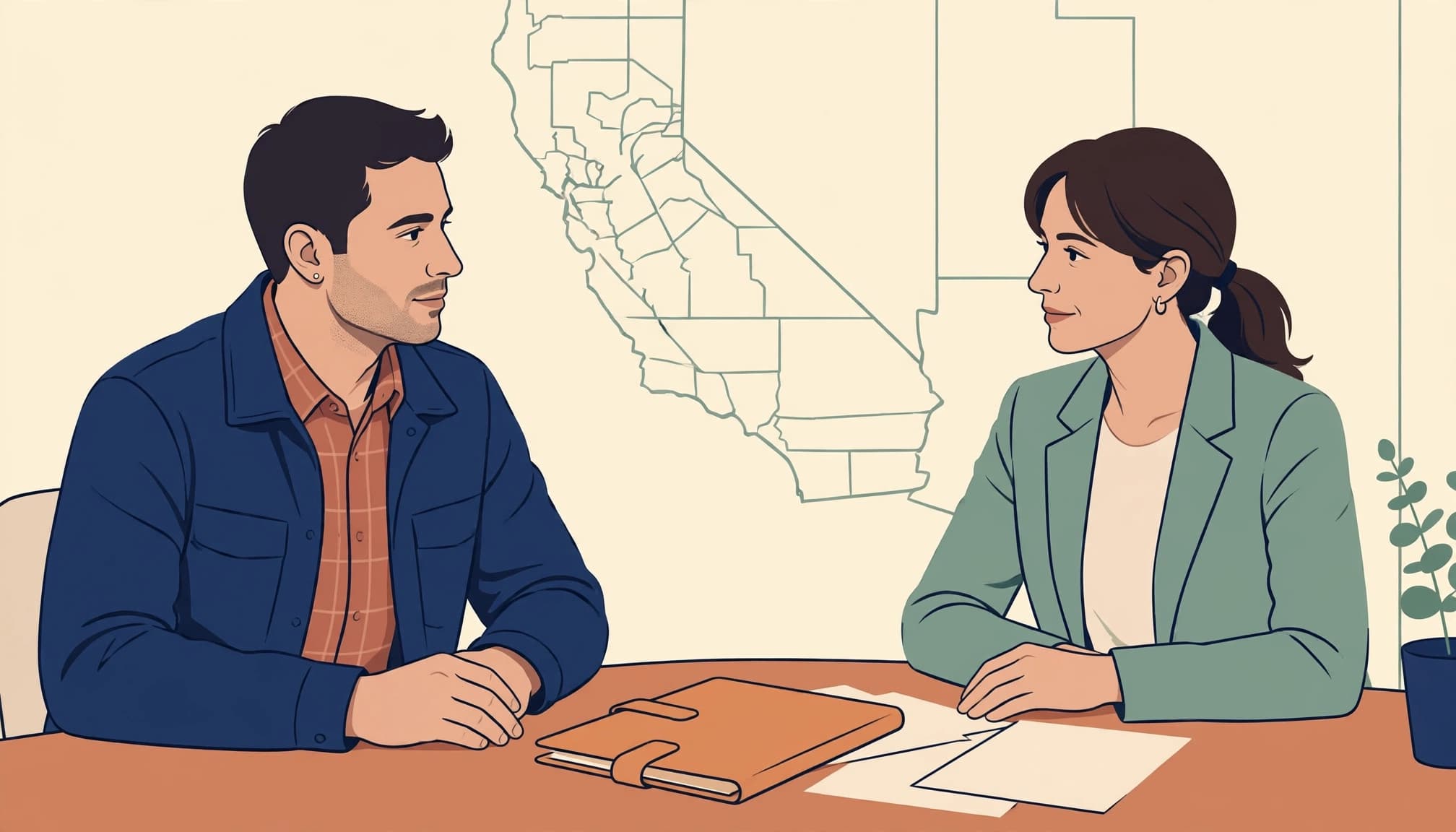 An illustration of a man and a woman sitting at a table reviewing documents.