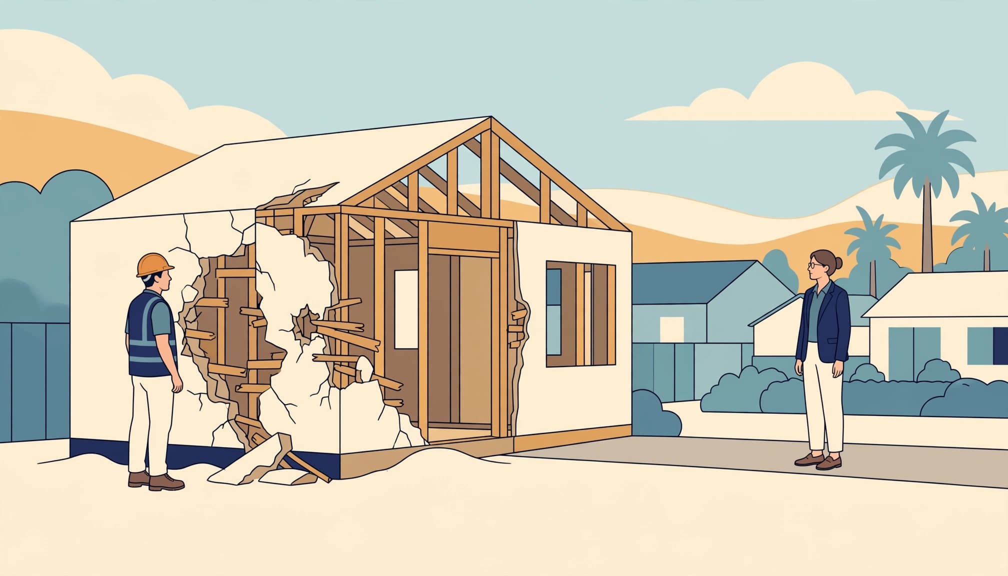 An illustration of a construction worker standing near a damaged house wall while a person watches.