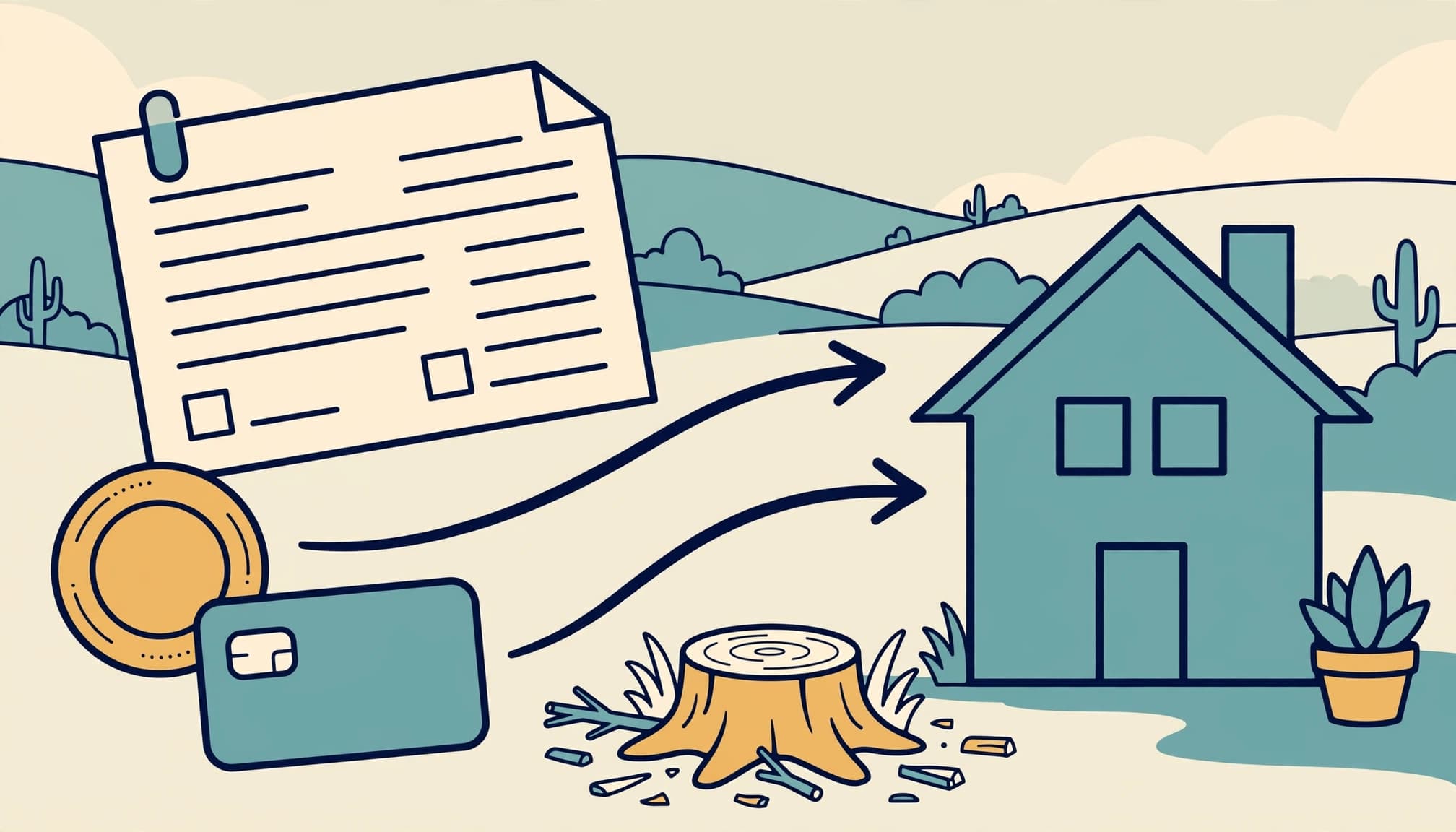 A 2D illustration showing an invoice, payment tokens, a house outline, and a tree stump.