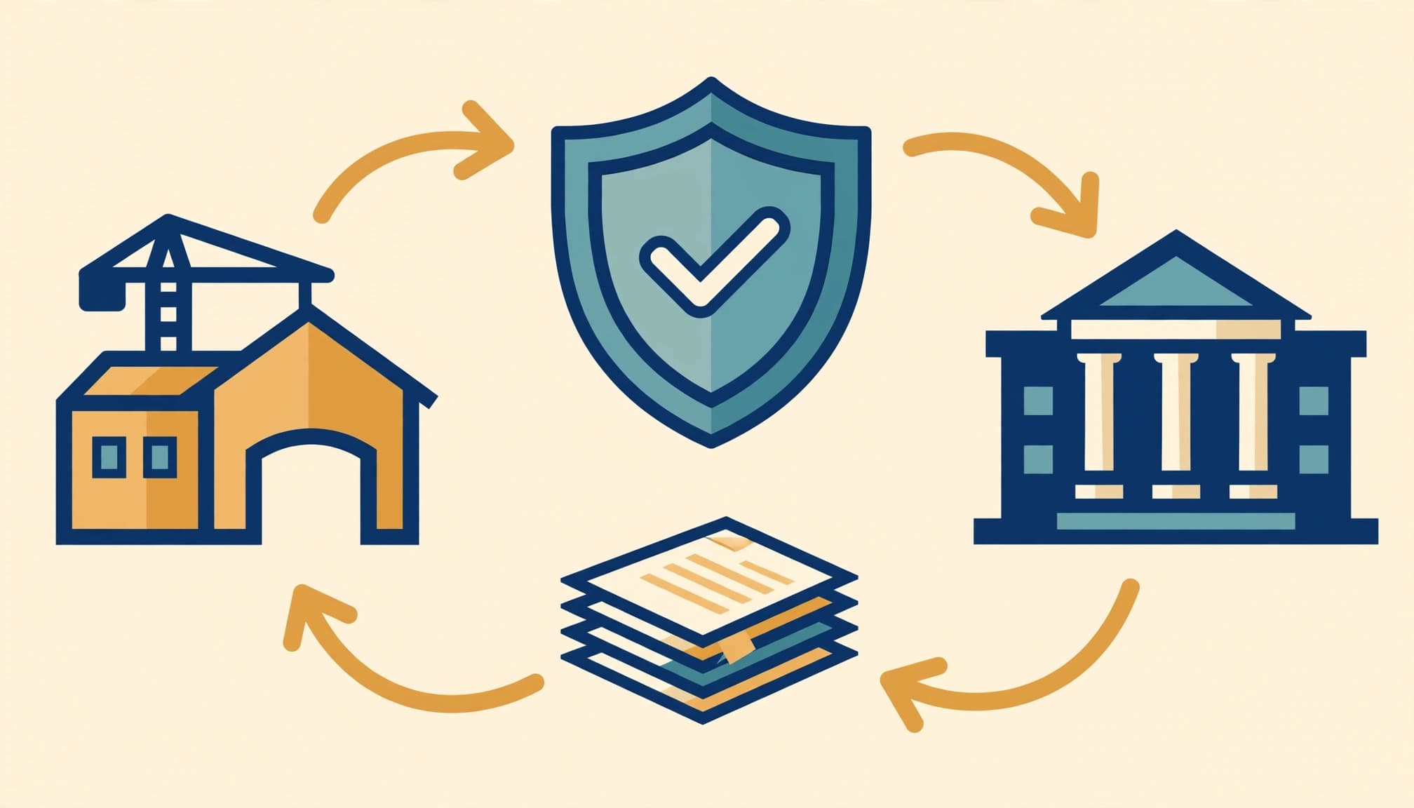 A 2D vector illustration showing a cyclical relationship with a contractor, a shield, and a building icon.