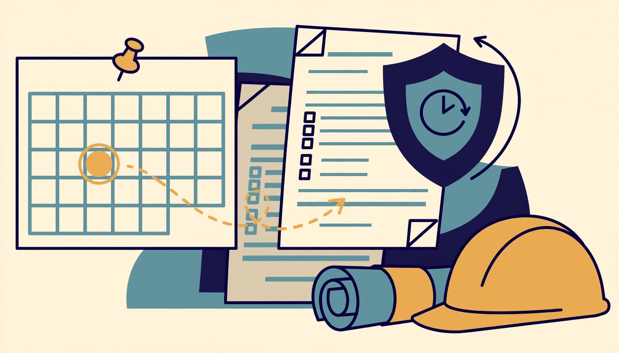 An illustrated still life with a calendar, insurance paperwork, a shield icon, a hard hat, and a rolled plan.