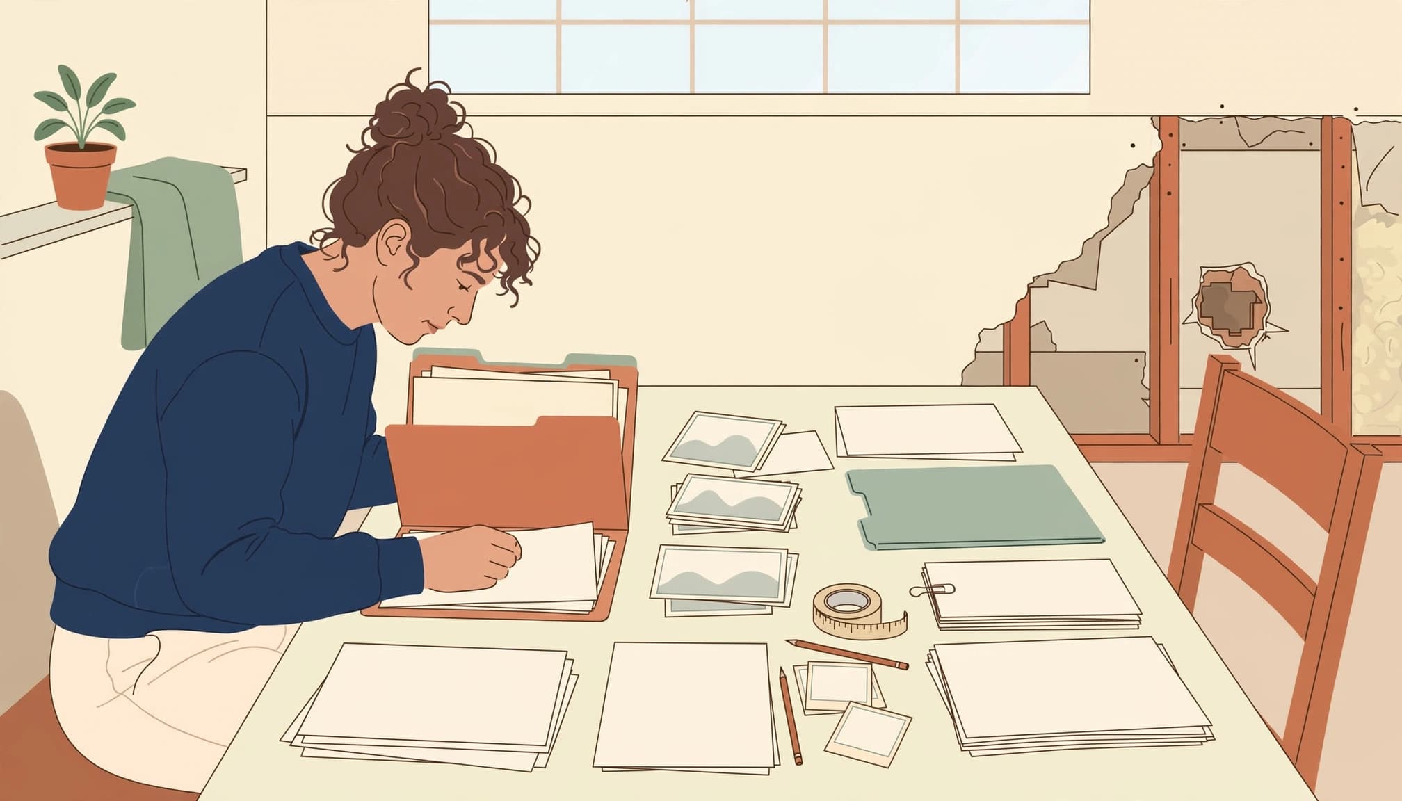 An illustration of a person reviewing papers and folders at a table in a room with a damaged wall.