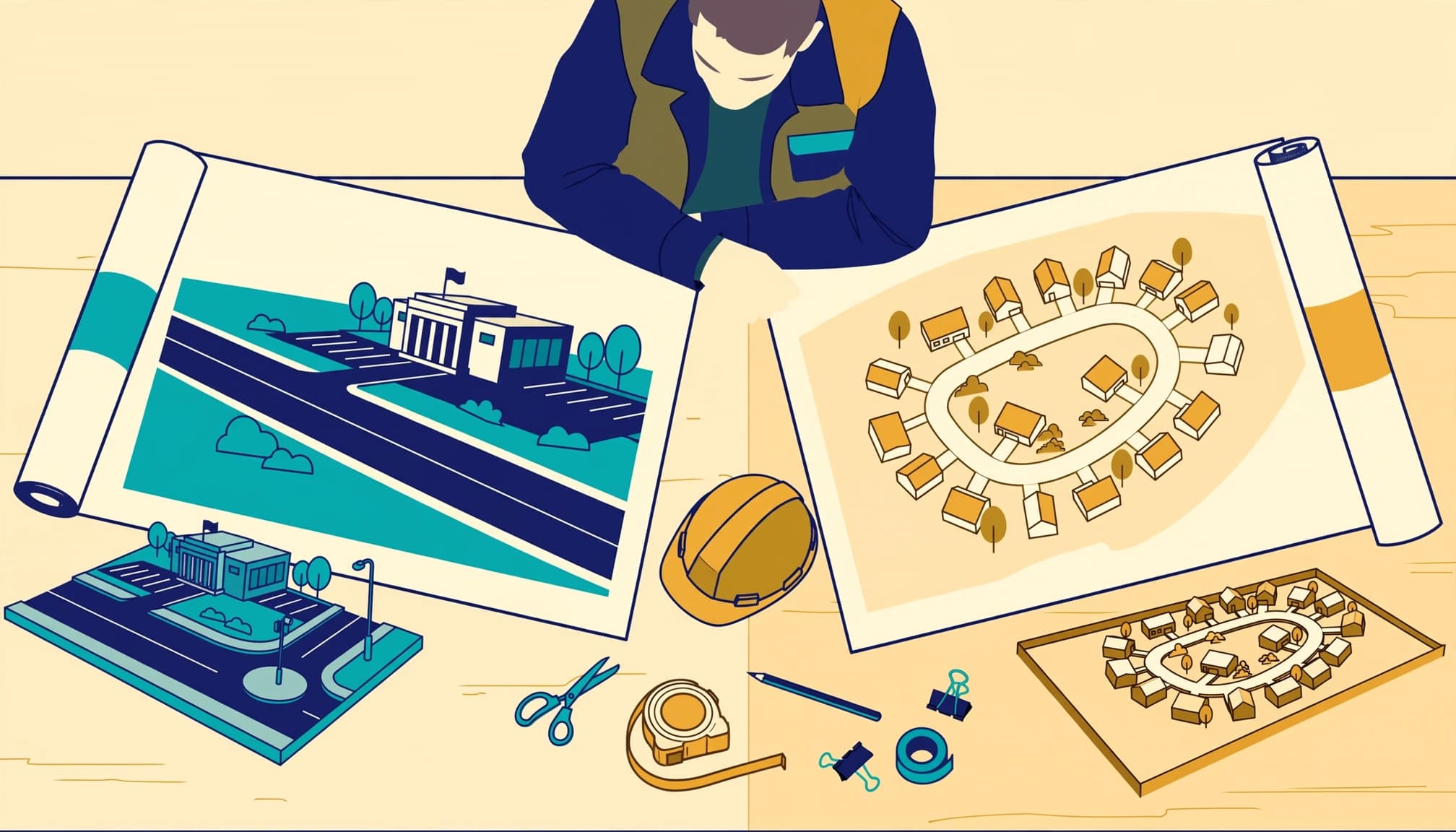A construction worker reviewing two project drawings of a public building and a residential development.