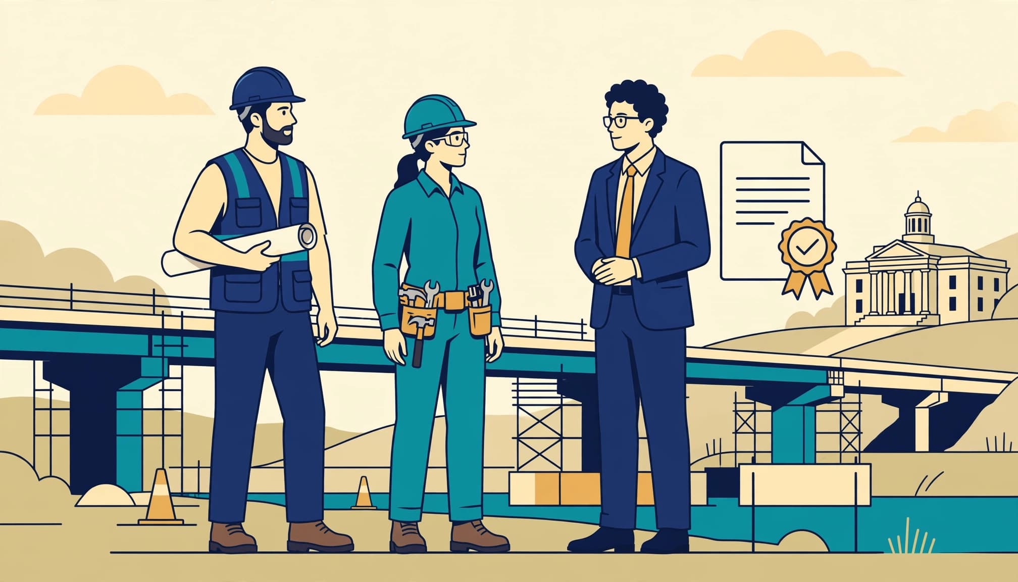 An illustration of three professionals in front of a bridge, a building, and a bond document.