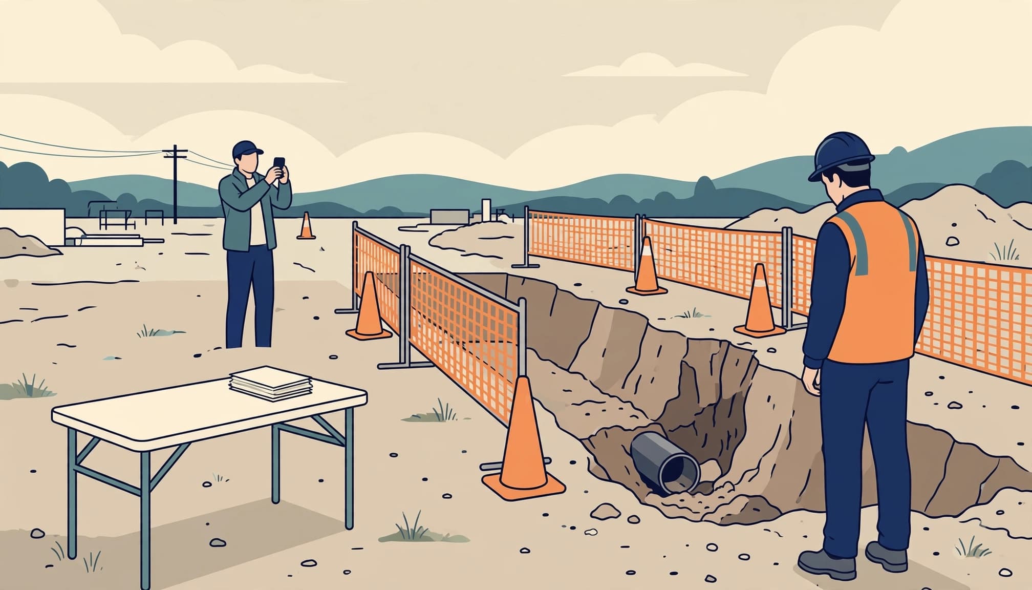 An illustration of a construction site with a trench, a foreperson, and a person taking a photo.