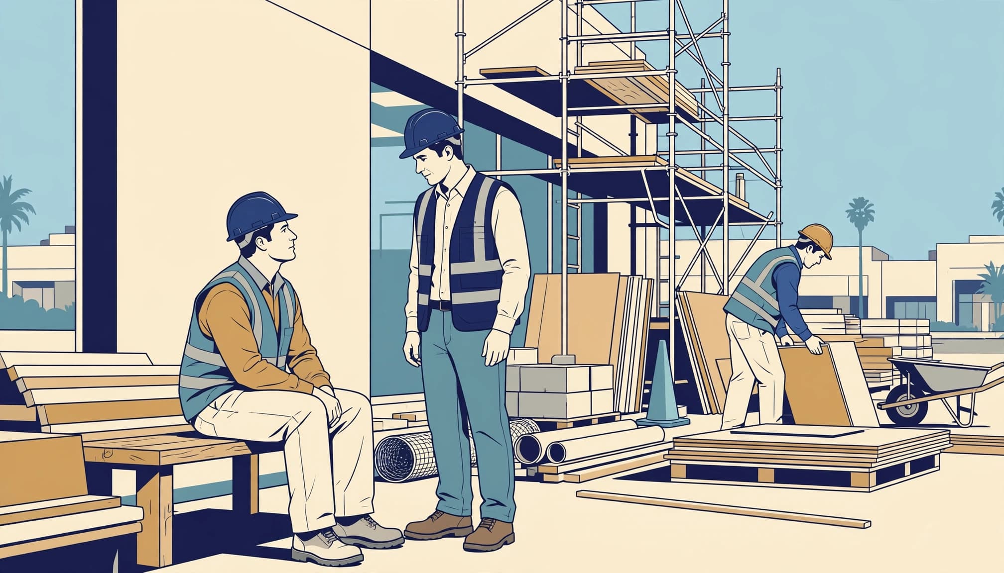 Illustration of a construction supervisor talking to a seated worker, with another worker in the background.