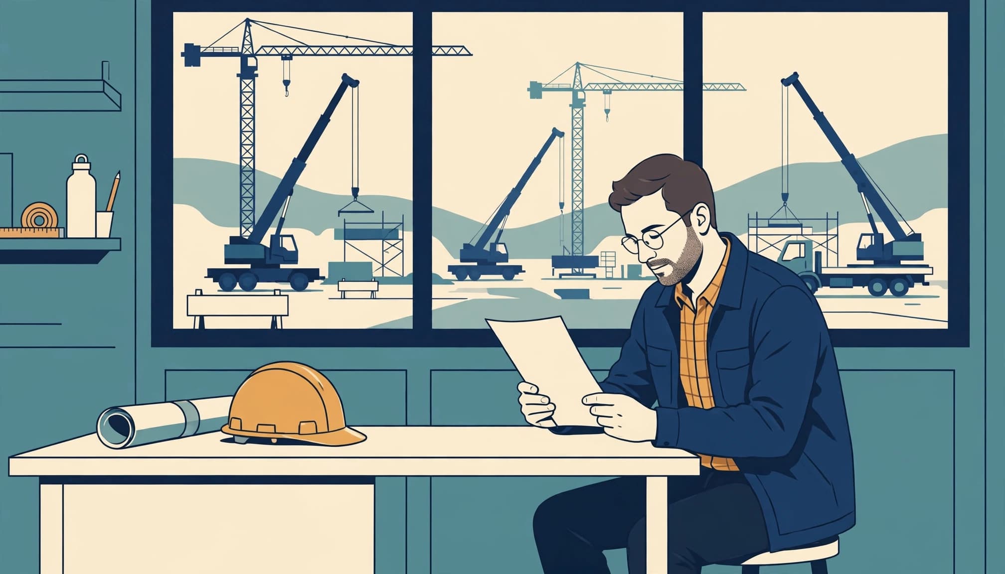 An illustration of a contractor reviewing a document in an office with construction cranes visible outside.