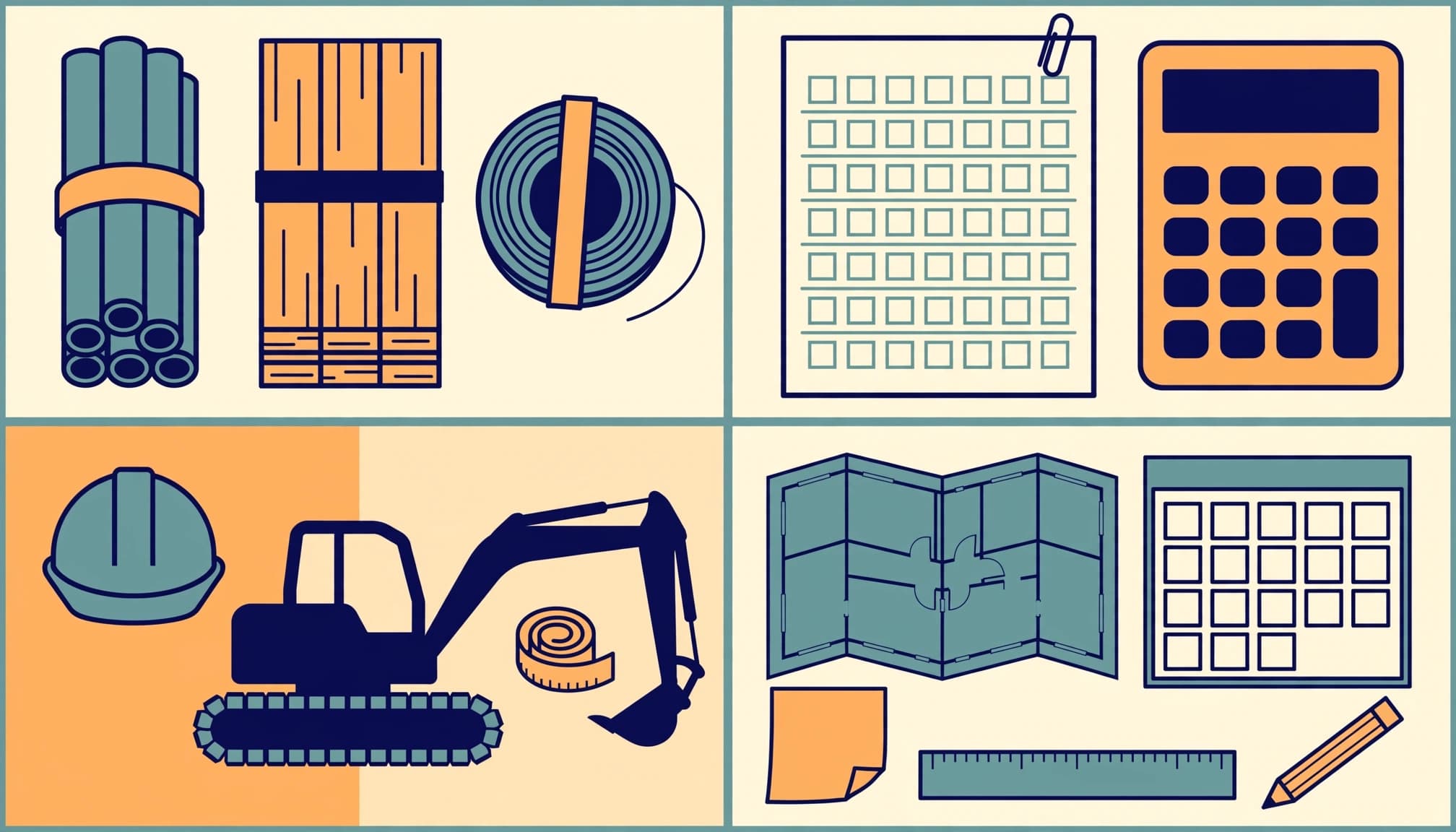 A flat 2D illustration of construction estimation elements like pipes, lumber, an excavator, plans, and a calculator.
