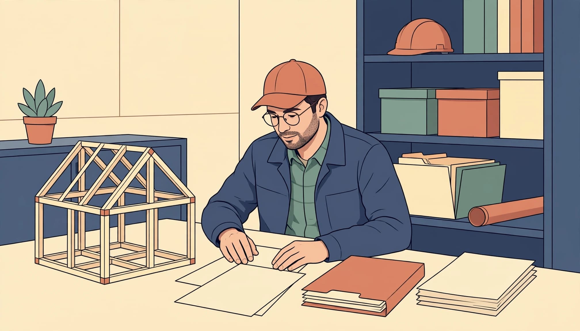 A contractor sitting at a desk reviewing papers next to a model house frame.