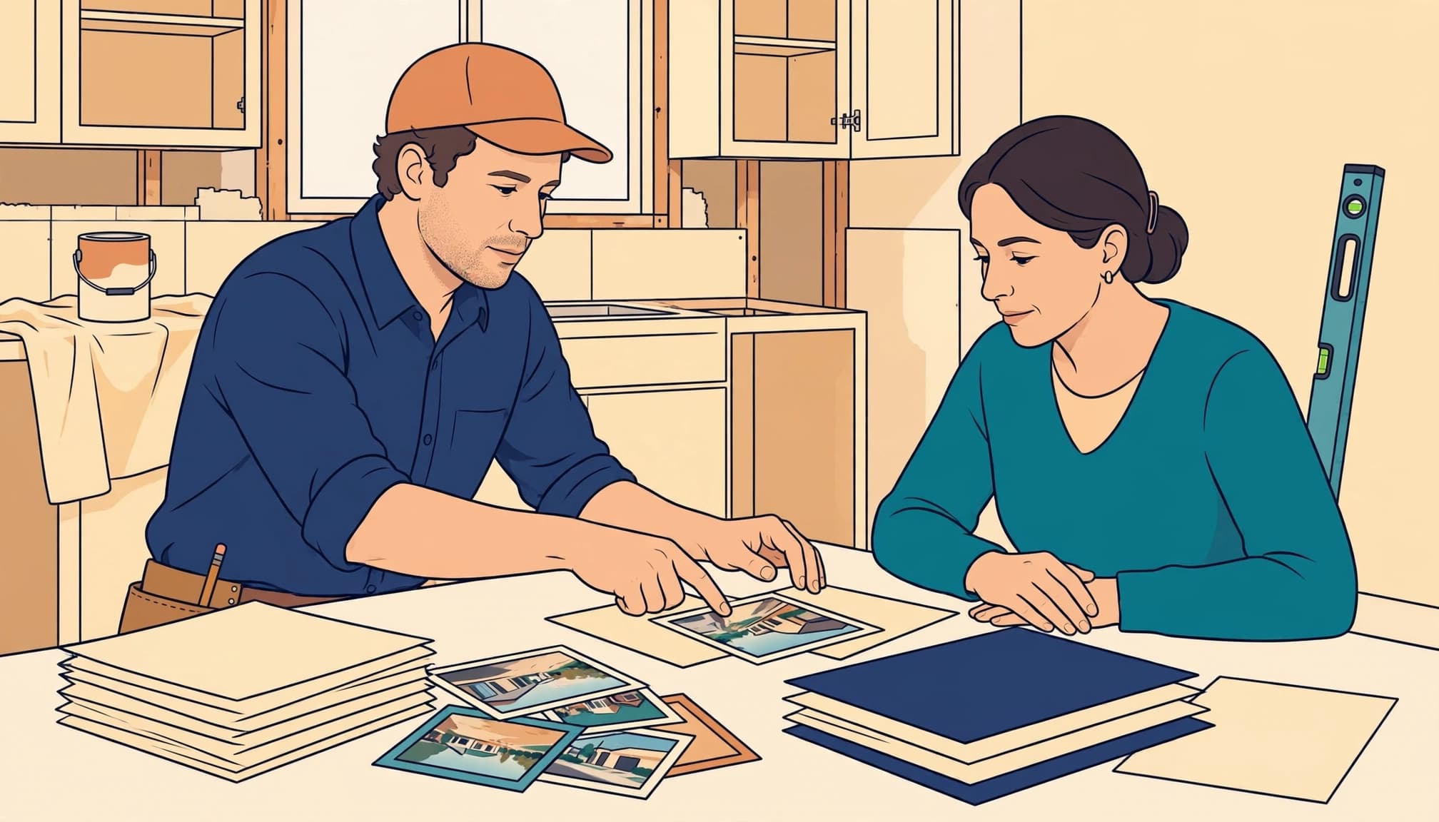 A man in a cap and a woman reviewing photos and documents at a table.
