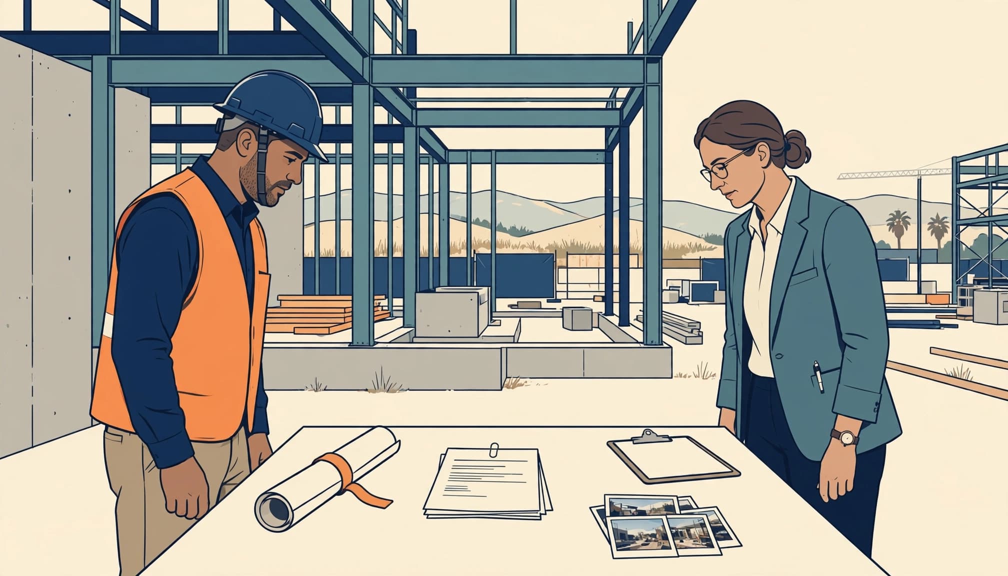 An illustration of two people reviewing paperwork and blueprints on a table at a construction site.