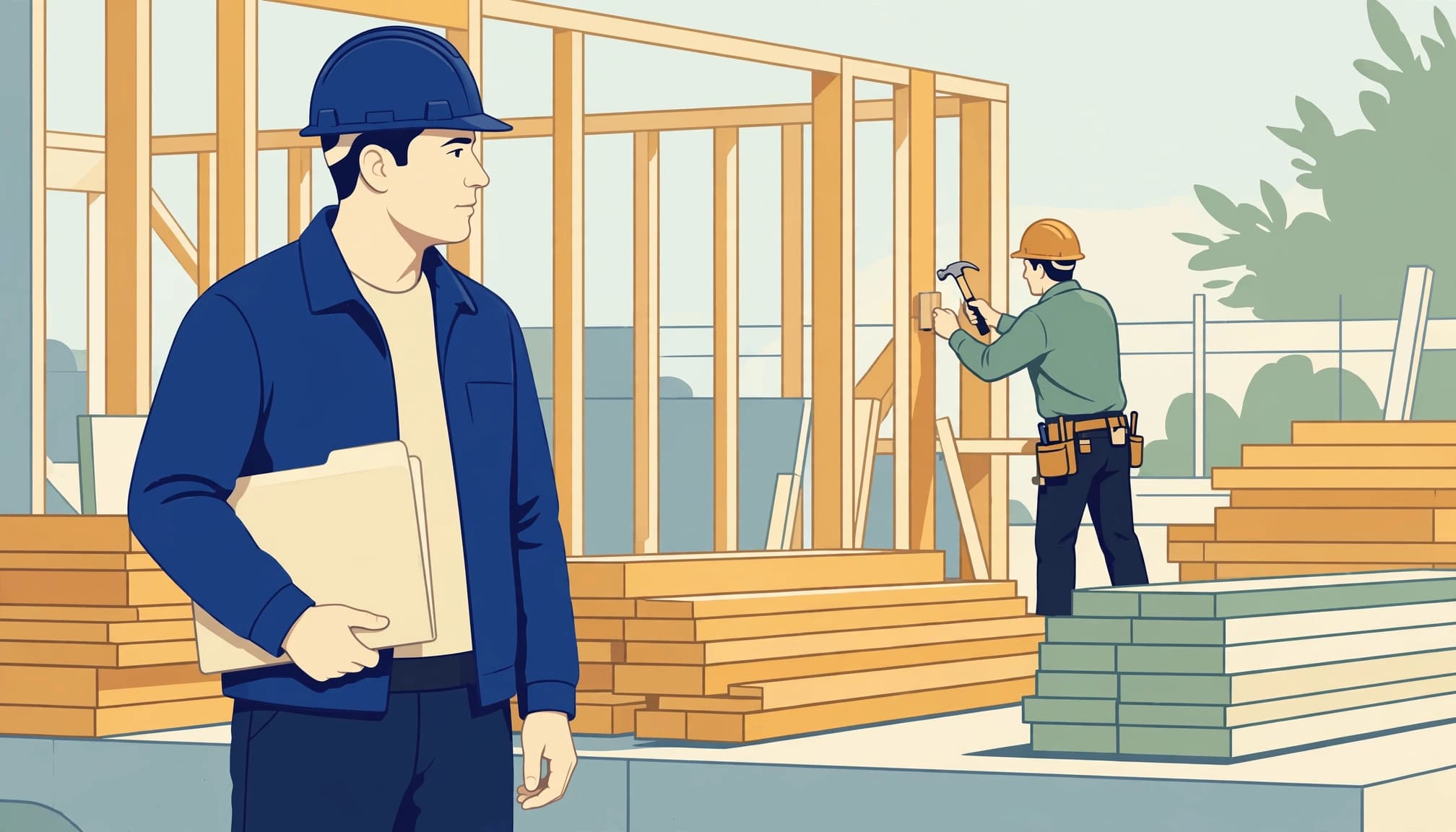 A contractor holding a folder with a worker hammering framing in the background.