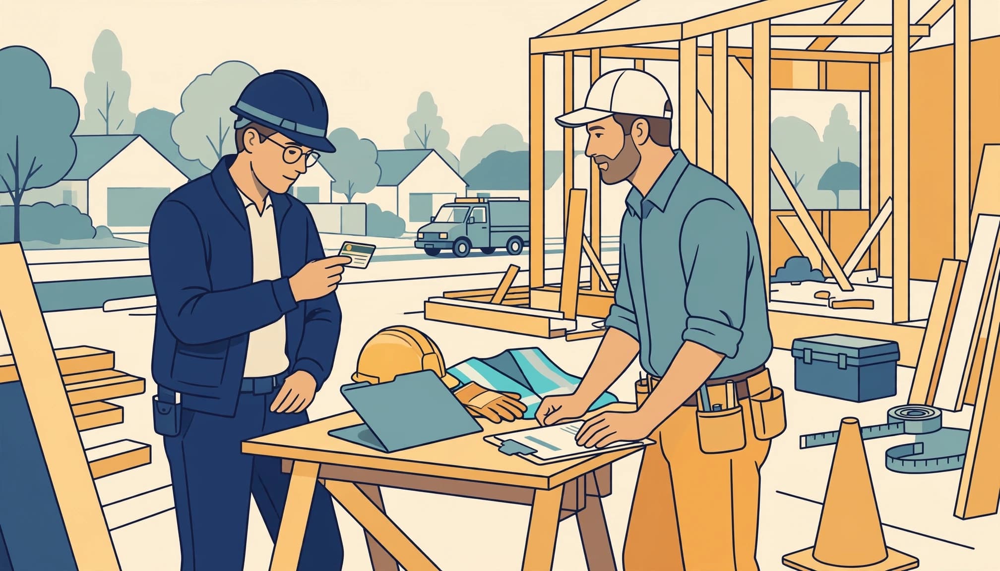 An illustration of a construction inspector checking a card while a contractor looks over papers on a workbench.