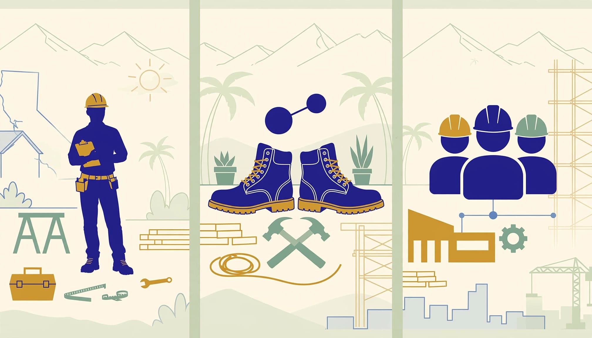 A three-panel illustration showing a sole proprietor, work boots for a partnership, and a team icon.