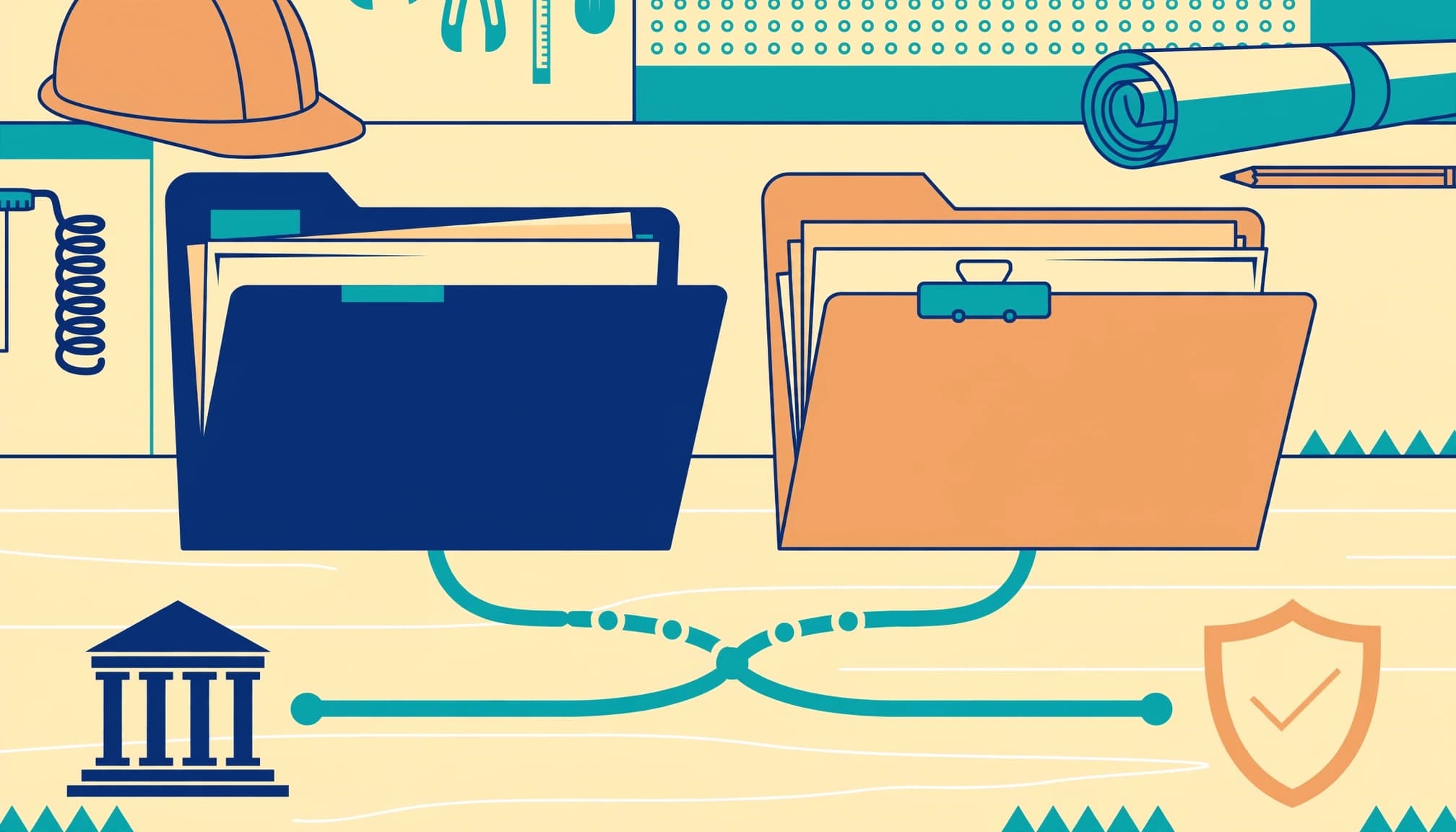 An illustration of two folders on a workbench with branching paths connecting to a building icon and a shield icon.